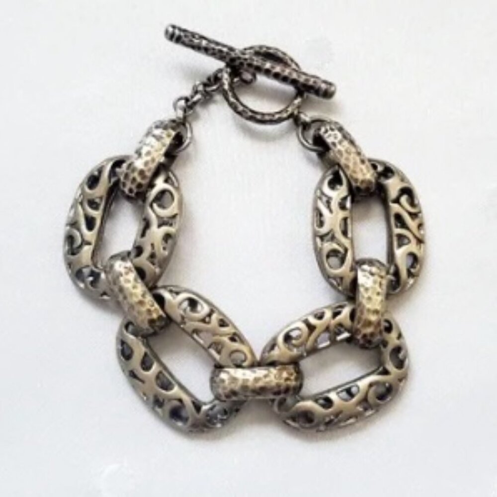 VTG MONET Unisex Brutalist Chain Link Bracelet Hammered Rustic Silvertone T Bar